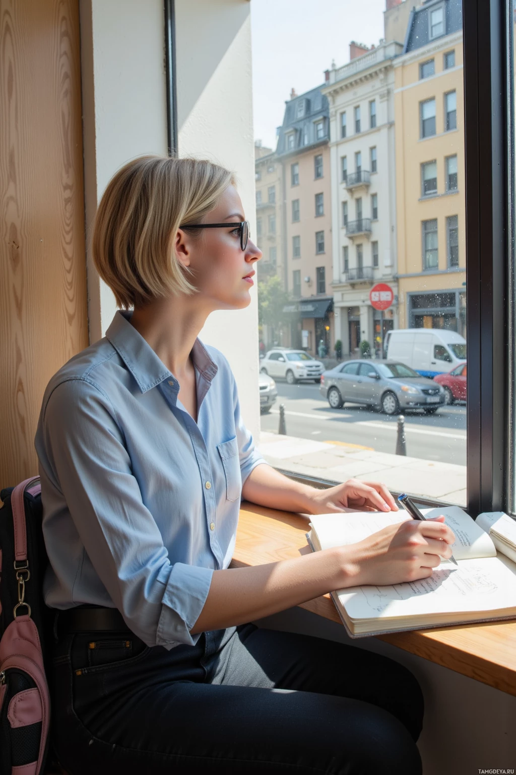 A woman sits by a window in a cafe, writing in a notebook while looking out at the street view.
