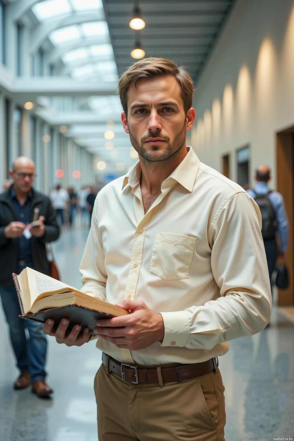 A man in a light-colored shirt holds an open book in a hallway.