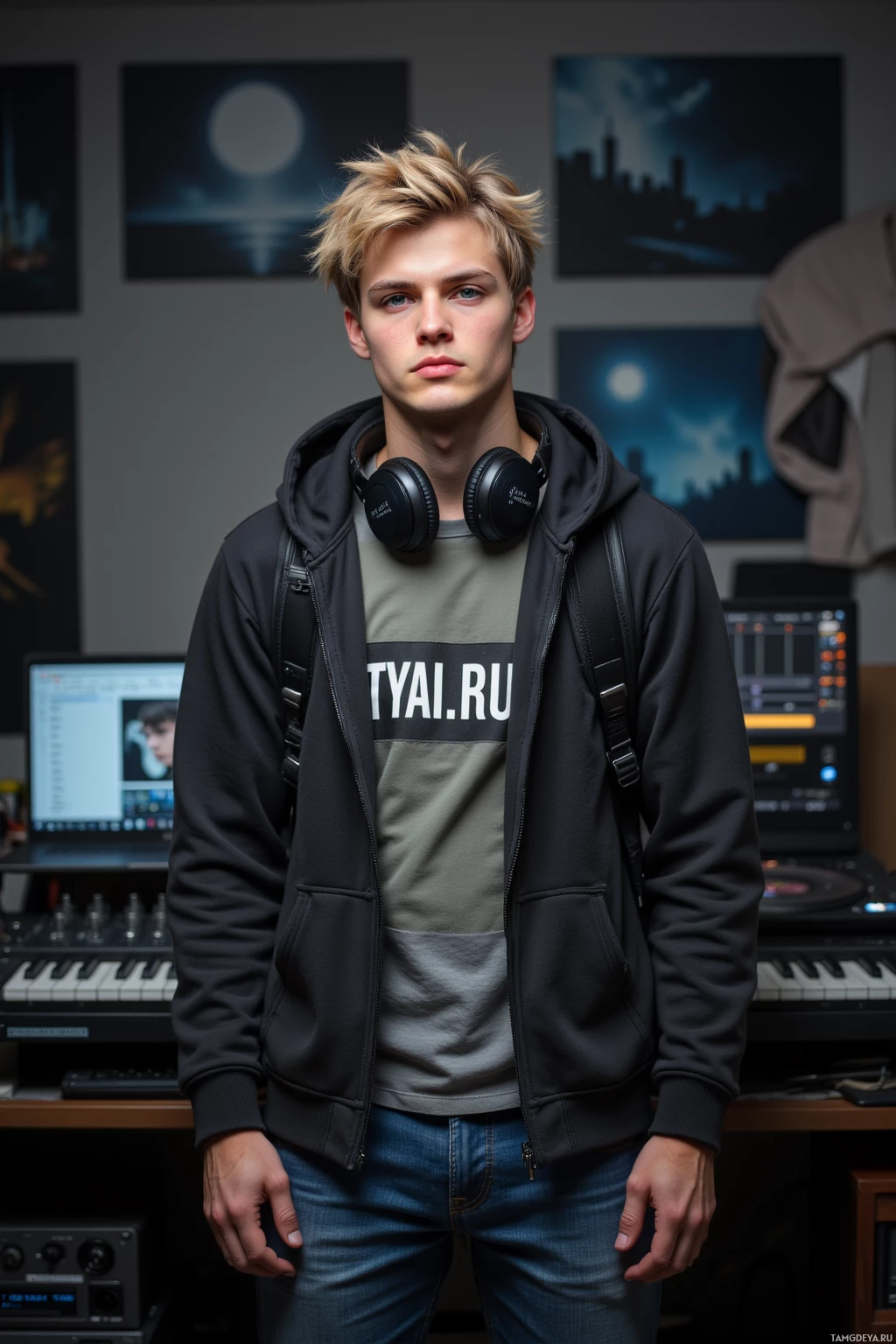 A person stands in front of a music production setup with headphones around their neck and a hoodie over a graphic t-shirt.