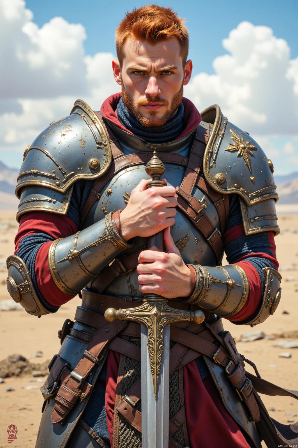 A person in medieval armor stands in a desert, holding a sword.