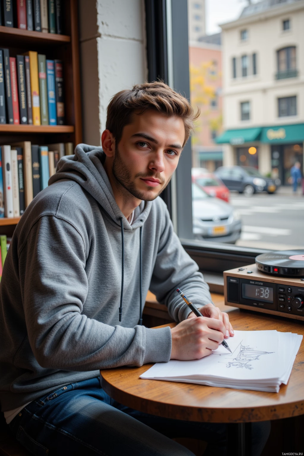 A person in a gray hoodie sits at a table by a window, sketching on paper with a pen.