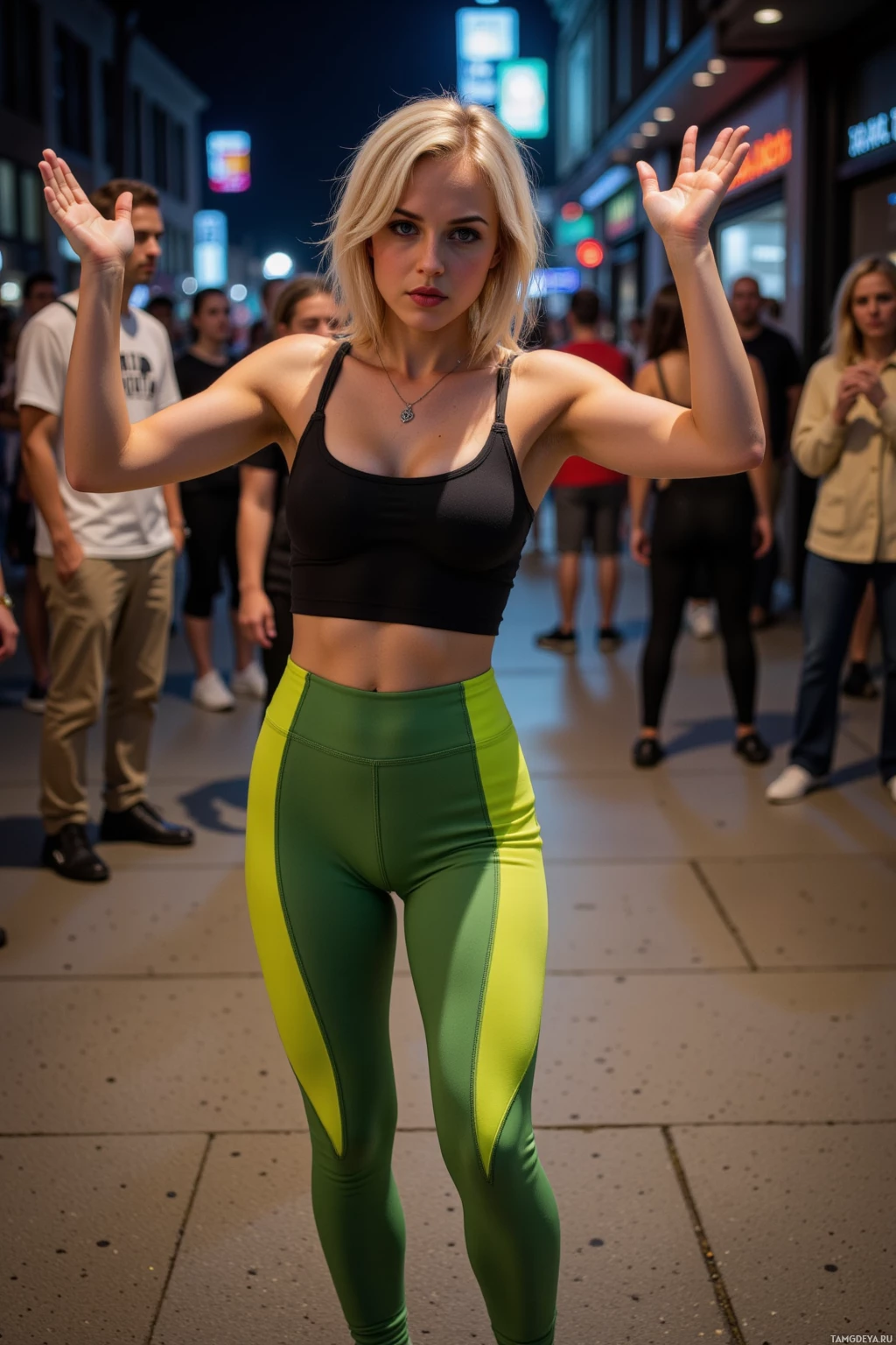A person in a black sports bra and green and yellow leggings raises their hands in a lively urban setting.