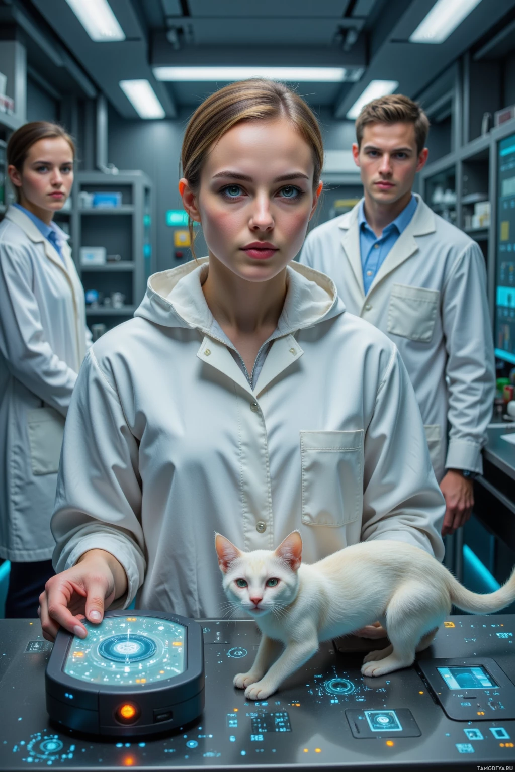 A person in a lab coat stands in a futuristic lab with a white cat and a control panel.