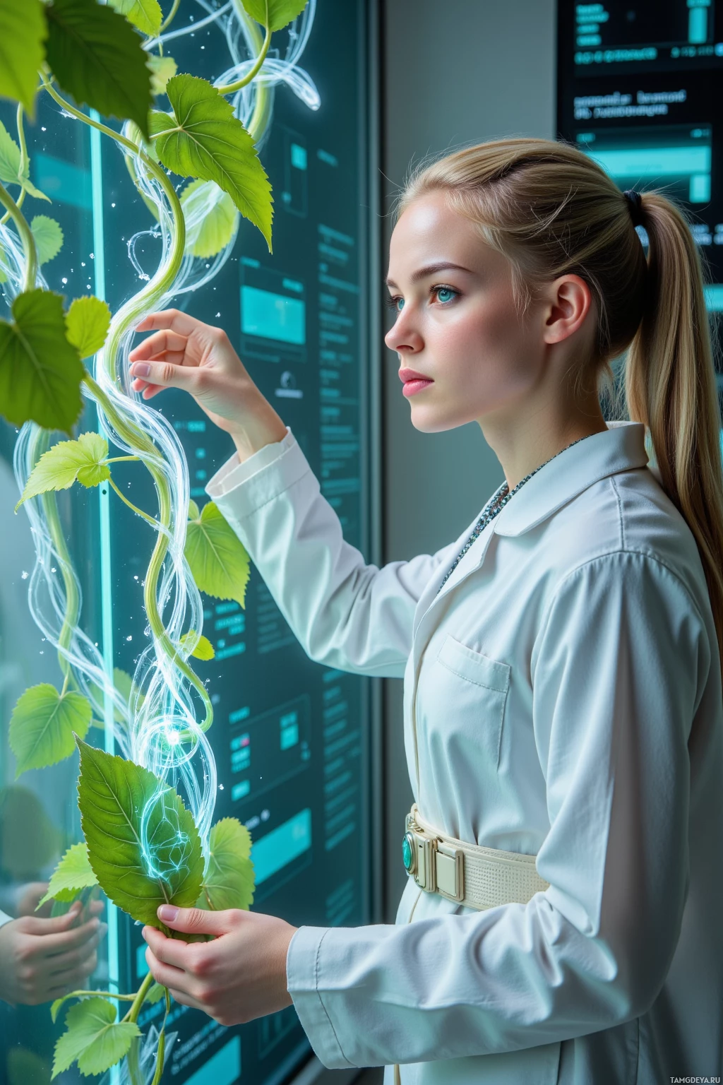 A person in a lab coat examines a plant with glowing tendrils and leaves.