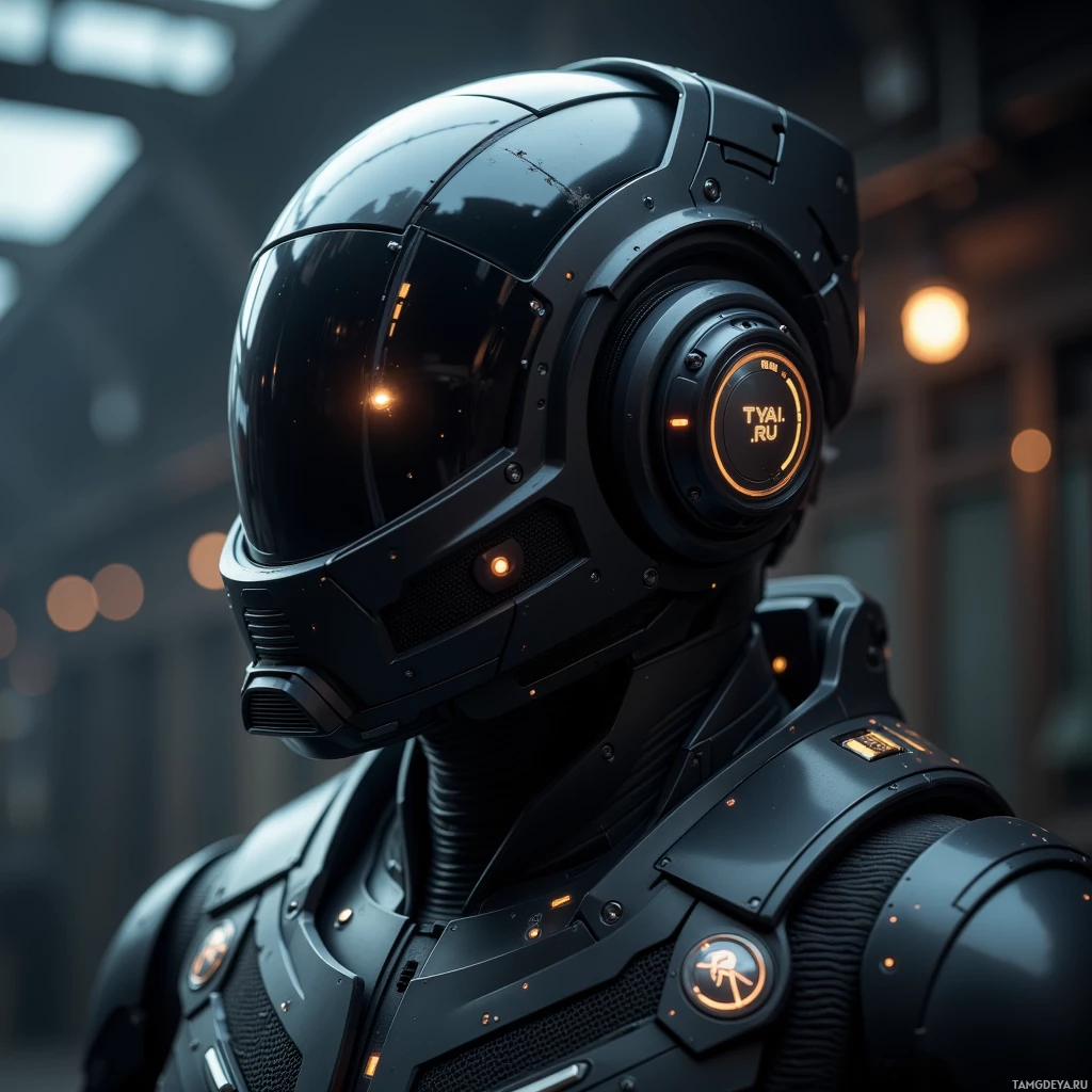 A close-up of a futuristic, black helmet with glowing orange lights and a circular display.