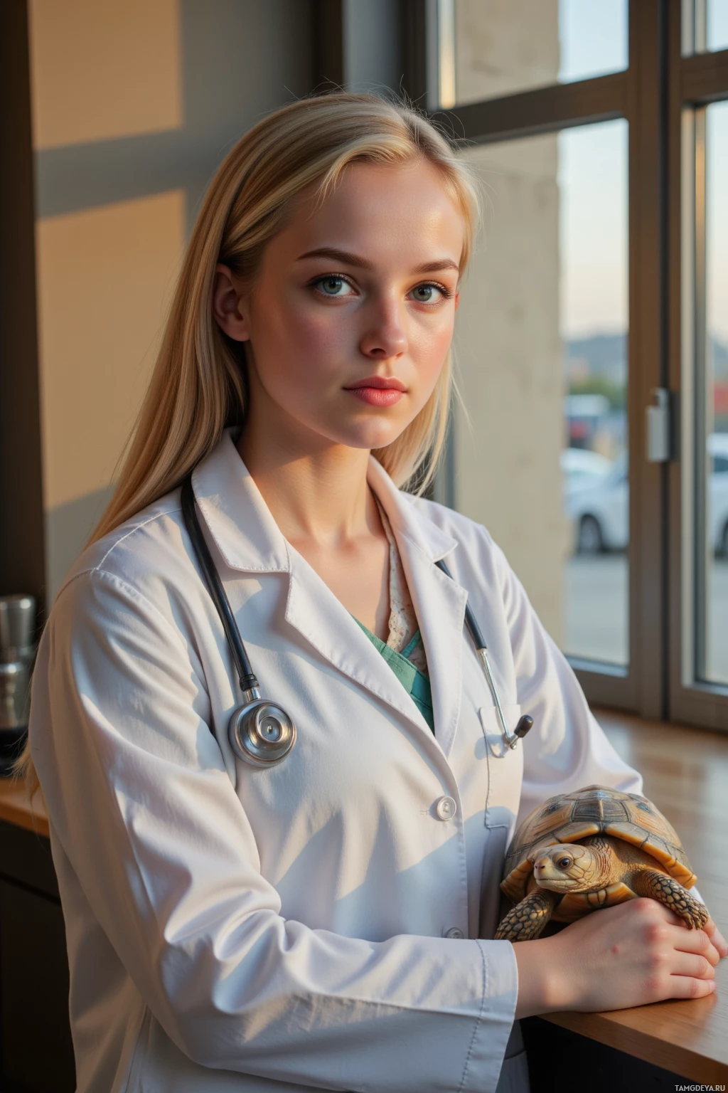 A person in a white lab coat holds a tortoise while wearing a stethoscope around their neck.