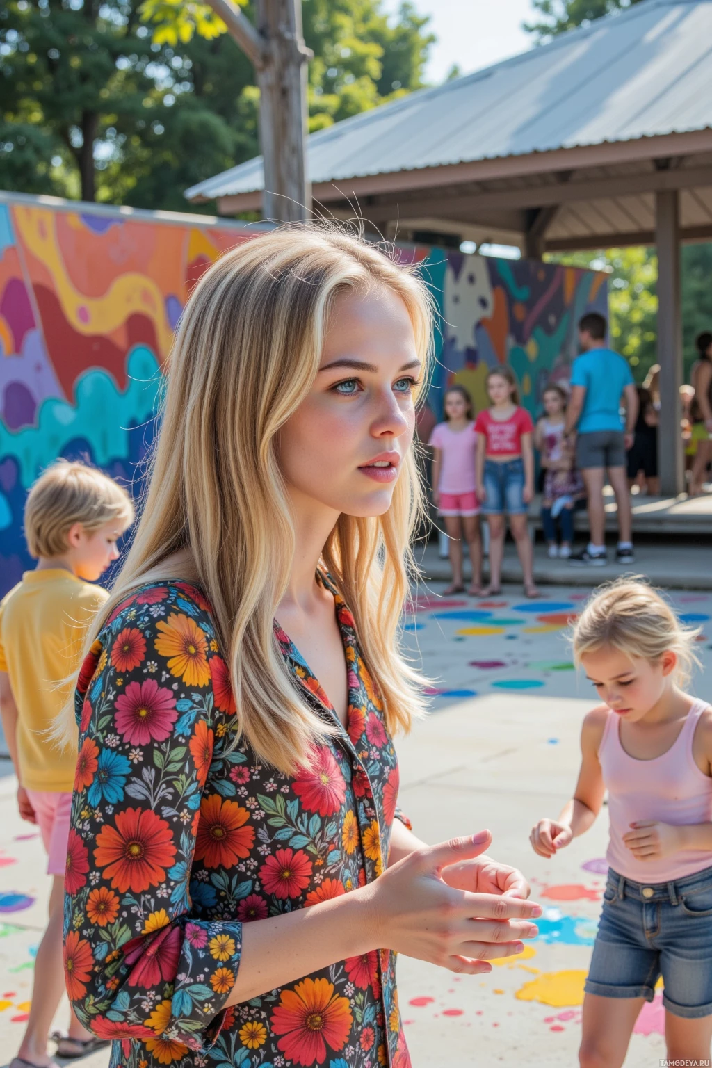 A woman in a floral dress stands outdoors with children playing in the background.
