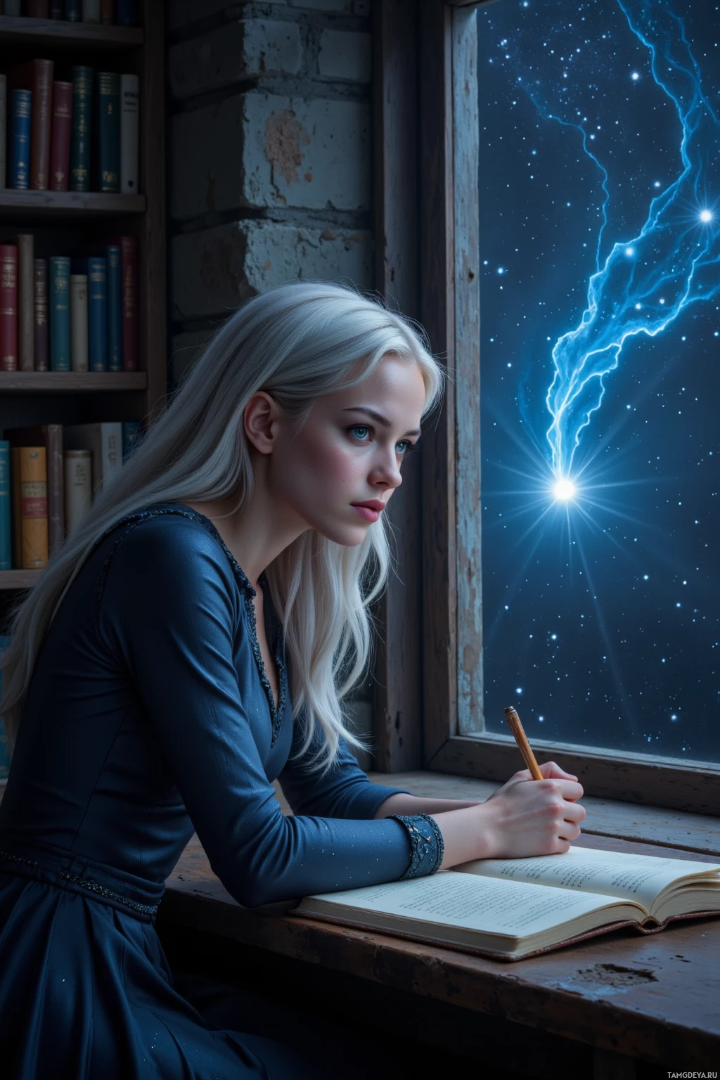 A person with long blonde hair sits at a desk by a window, writing in an open book under a night sky filled with stars and lightning.