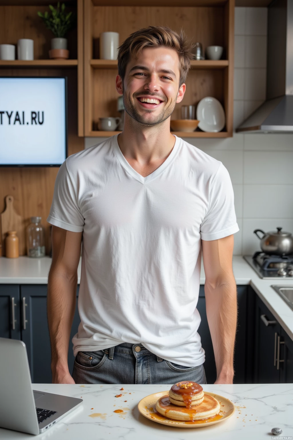 A person in a white shirt stands in a kitchen with a plate of pancakes and a laptop on the counter.