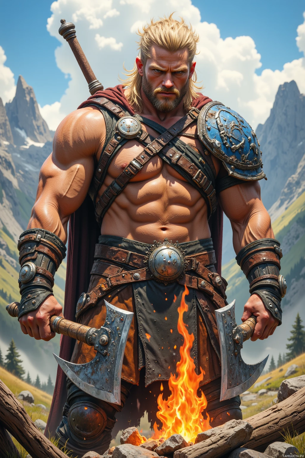 A muscular warrior stands in front of a fire, holding axes and wearing detailed armor with a mountainous background.