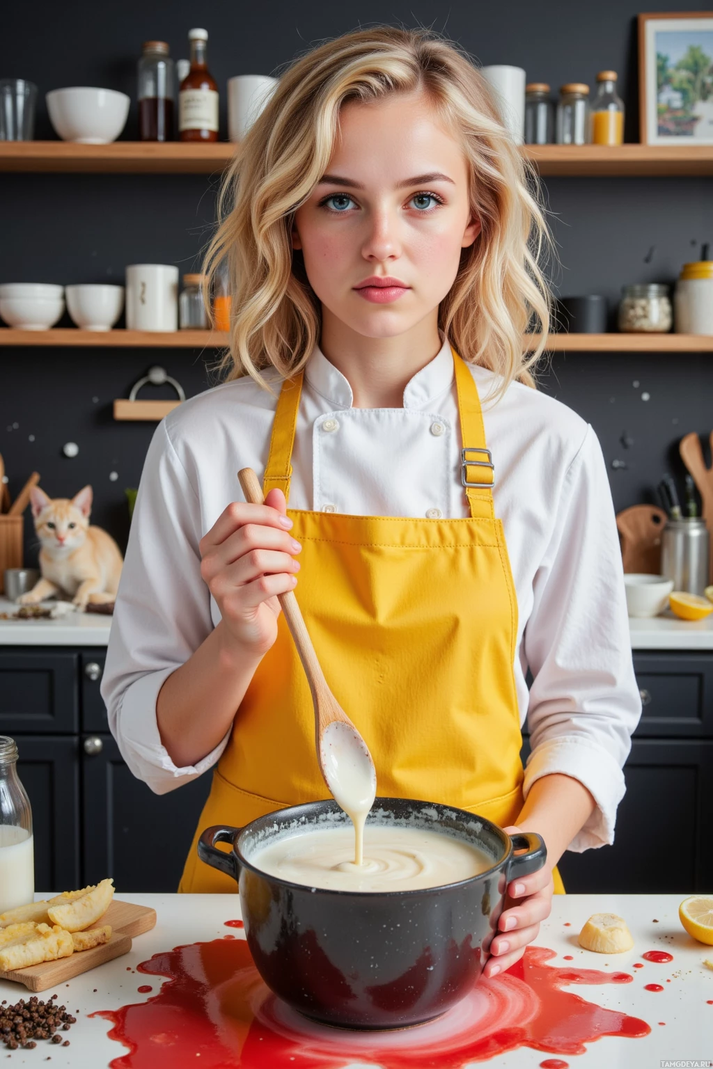 A person in a yellow apron is stirring something in a pot with a wooden spoon while standing in a kitchen.