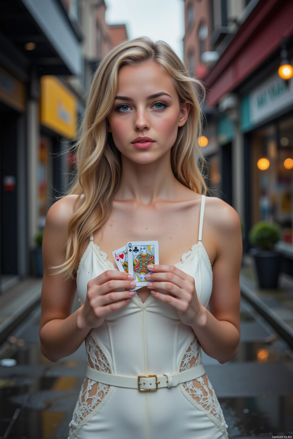 A person in a white outfit holds playing cards in an urban setting.