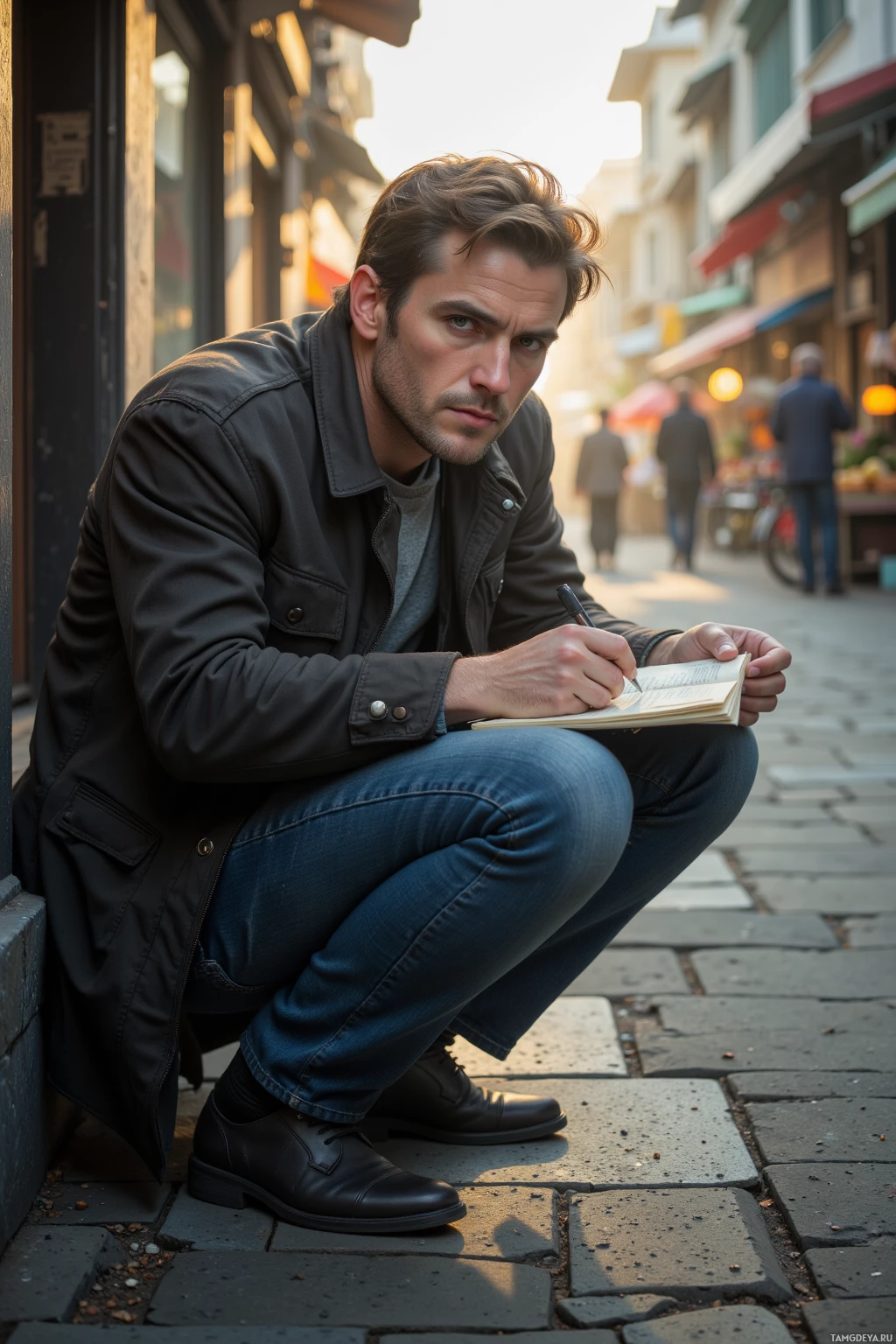 A man is crouching on a cobblestone street, writing in a notebook.