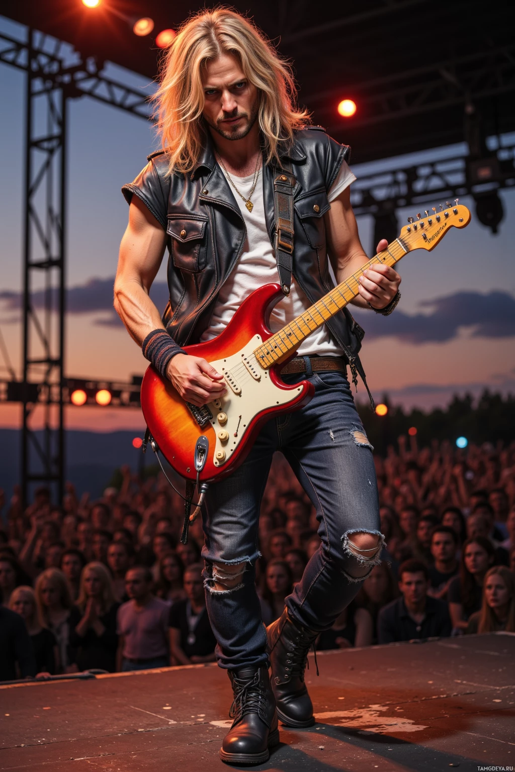 A guitarist performs on stage with an electric guitar in front of an audience under warm lighting.