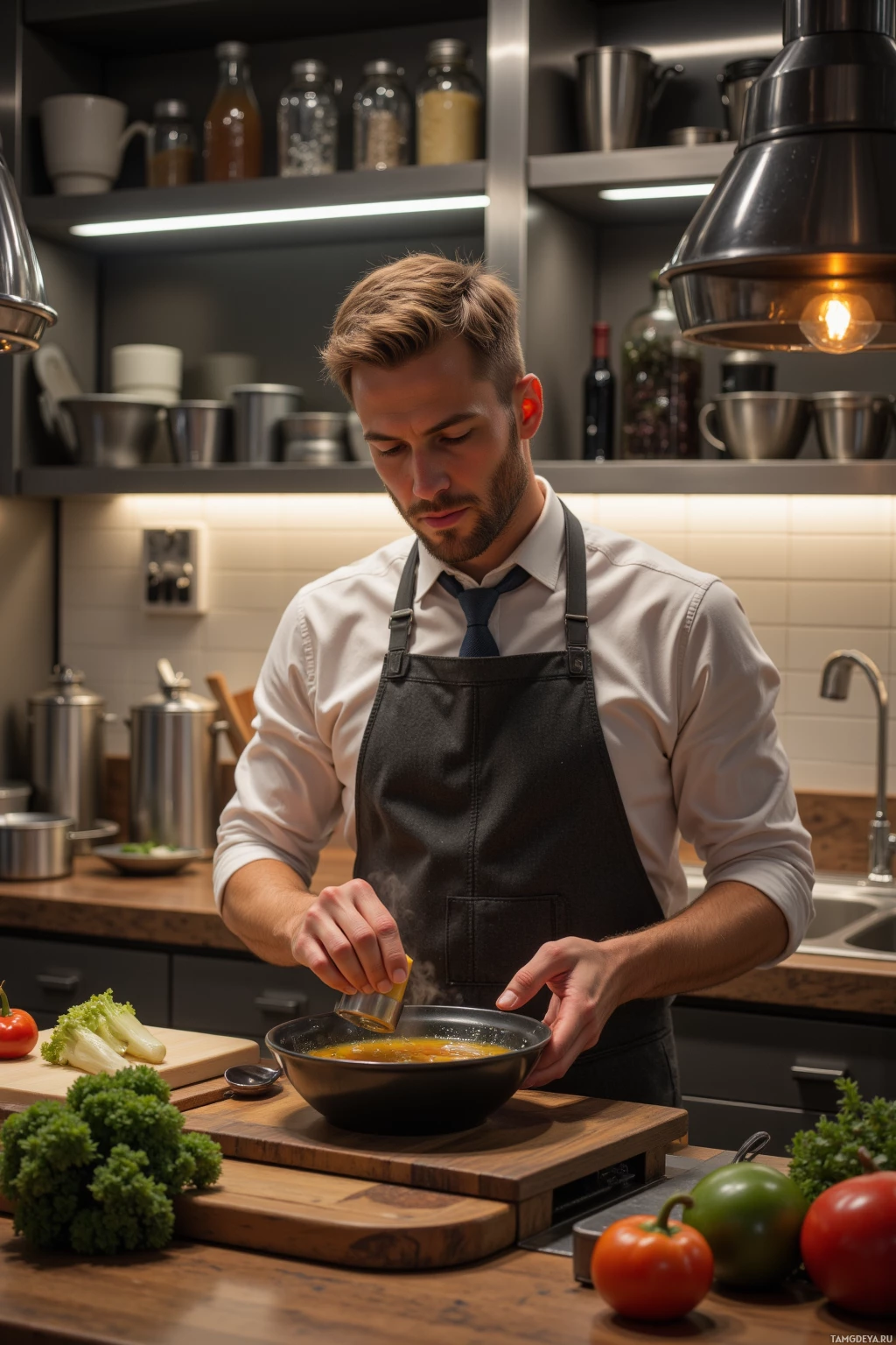 A person in a kitchen prepares food in a bowl.