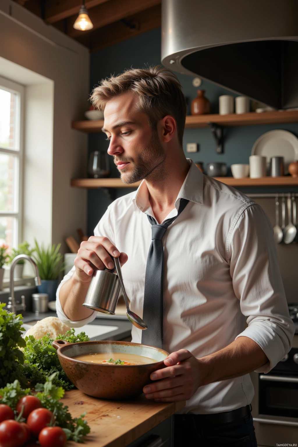 A man in a white shirt and tie pours liquid into a bowl of soup in a kitchen.