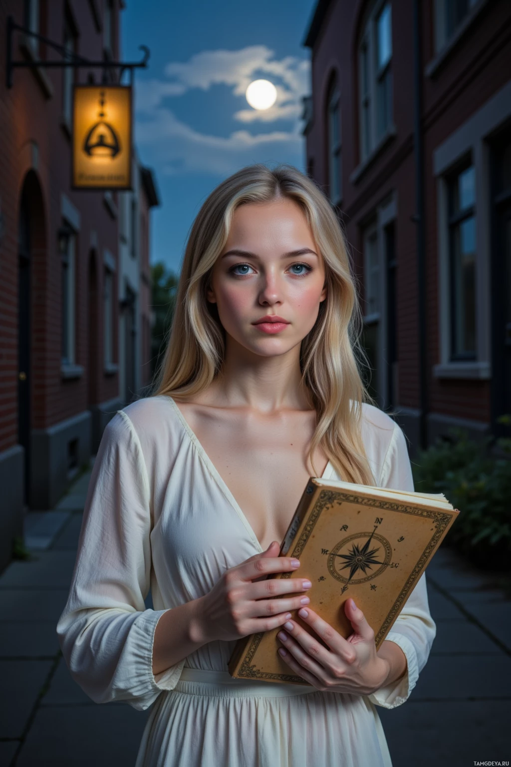 A person in a white dress holds an old book with a compass design on the cover, standing in a street at dusk with a full moon in the sky.