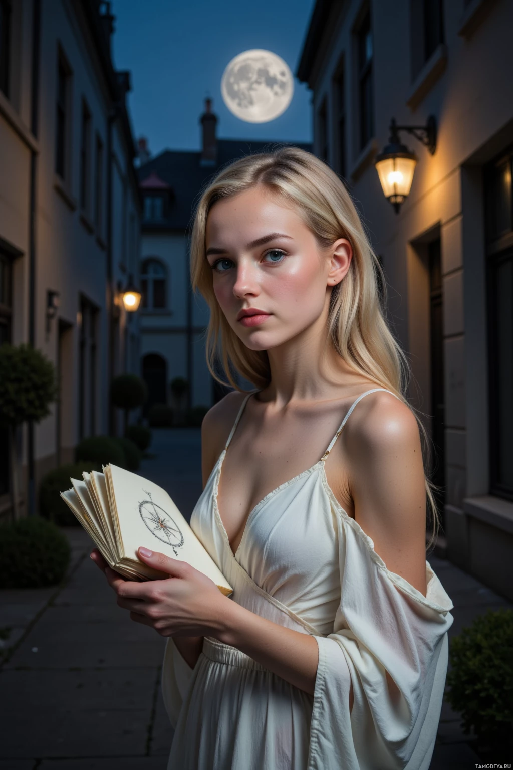 A woman in a white dress holds an open book under moonlight on a quiet street.