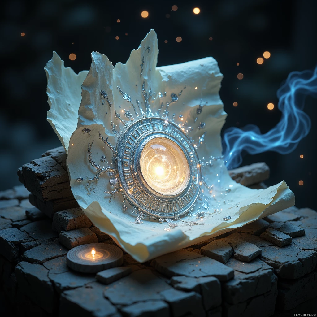 A glowing, ornate object rests on a piece of paper amidst a dark, mystical setting.