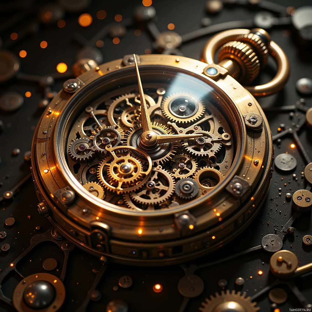 A close-up view of an intricate mechanical watch with visible gears and a golden frame.