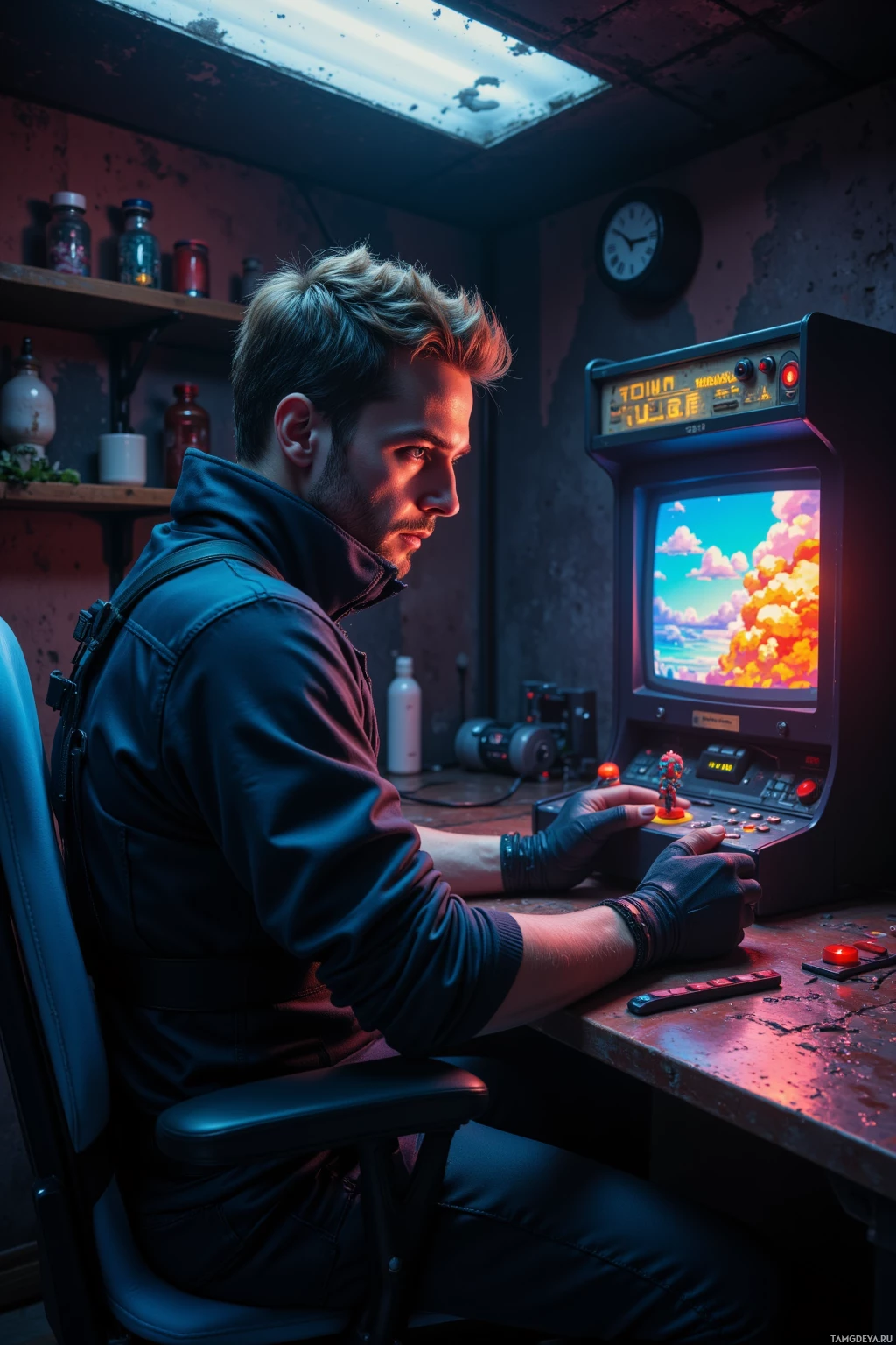 A person is seated at an arcade machine in a dimly lit room with shelves and a clock on the wall.