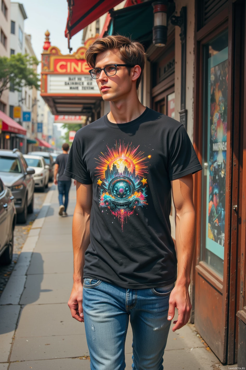 A person wearing a black t-shirt with a colorful graphic stands on a sidewalk in front of a cinema sign.