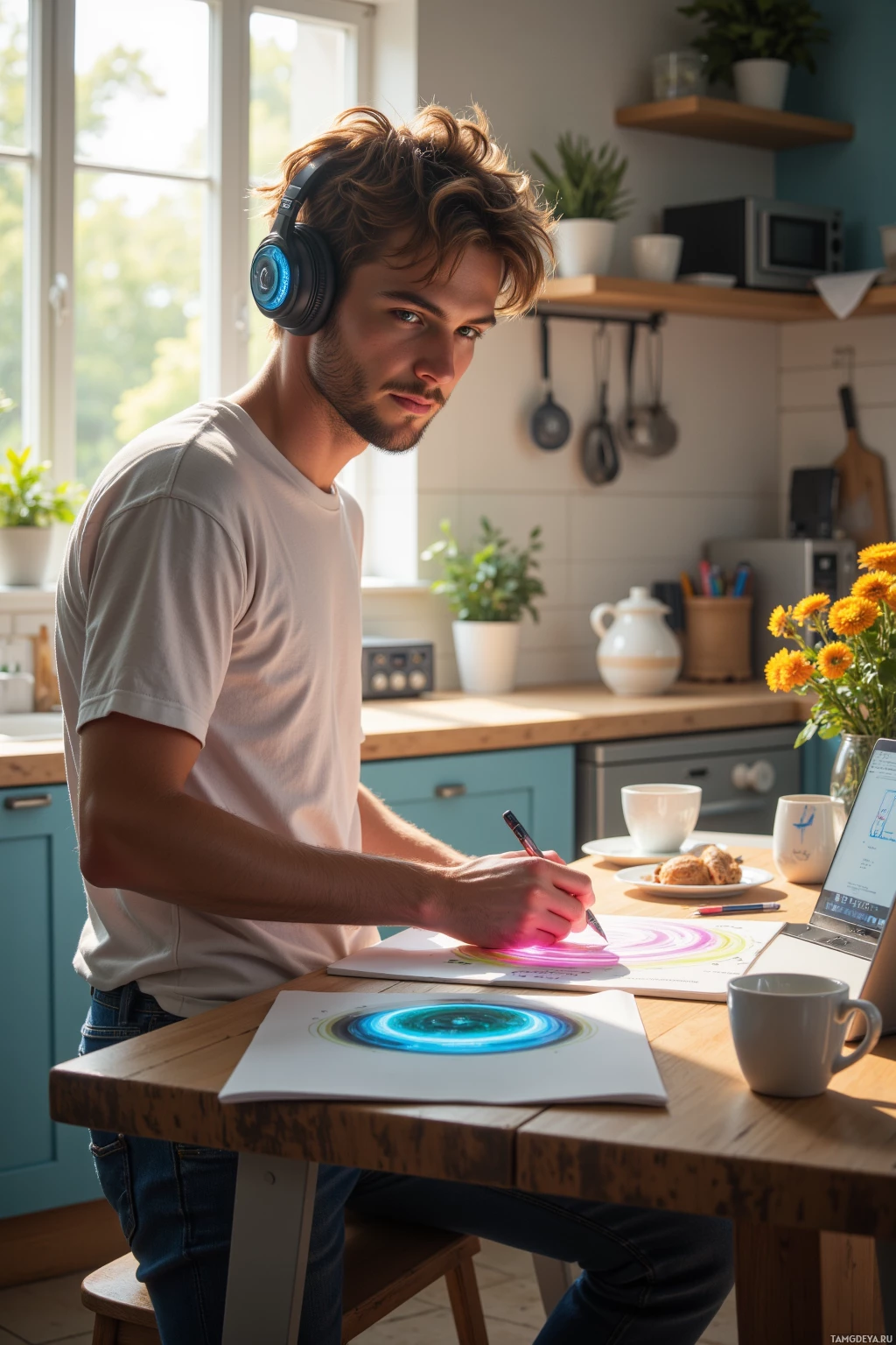 A man wearing headphones works at a wooden table in a kitchen, surrounded by natural light and plants.