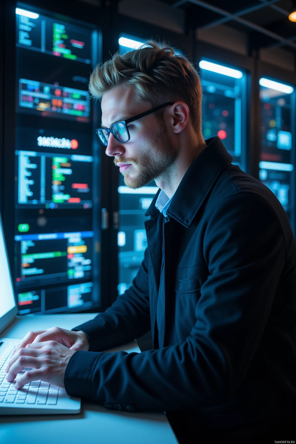 A man wearing glasses and a jacket is working at a computer in a dimly lit room with multiple monitors.