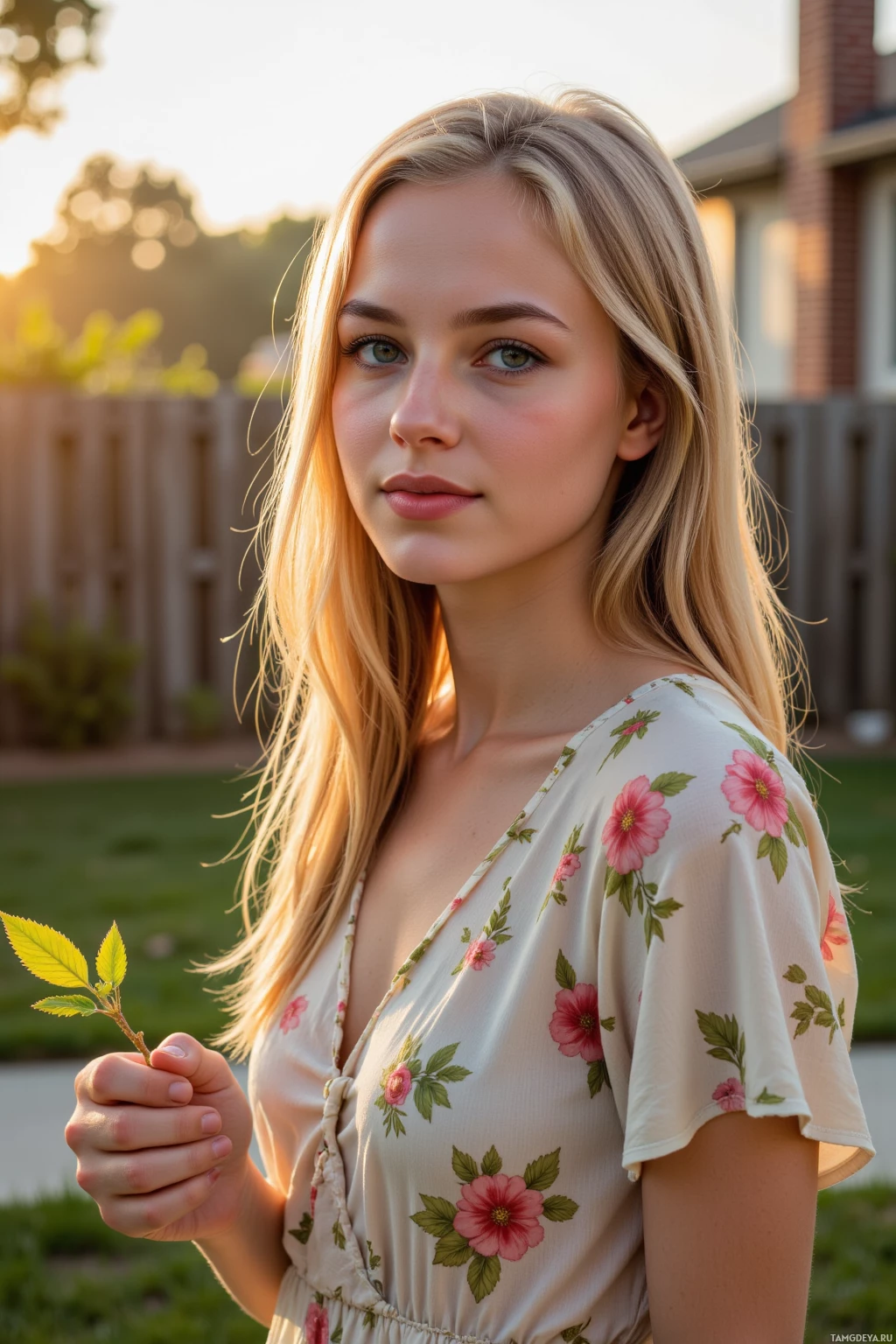A person with long blonde hair wearing a floral dress holds a small plant in their hand against a backdrop of sunlight and greenery.