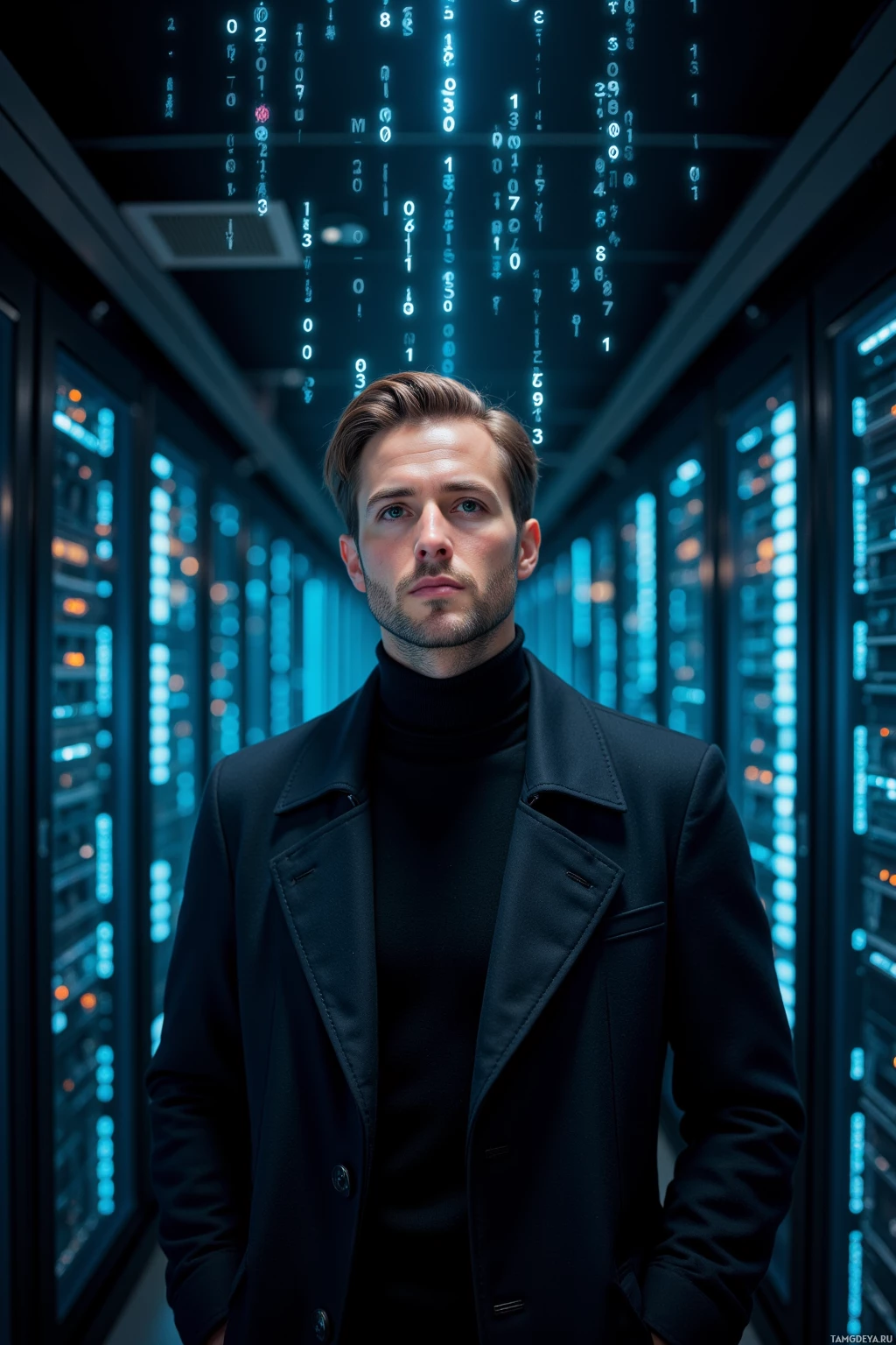 A man stands in a server room with glowing data streams in the background.