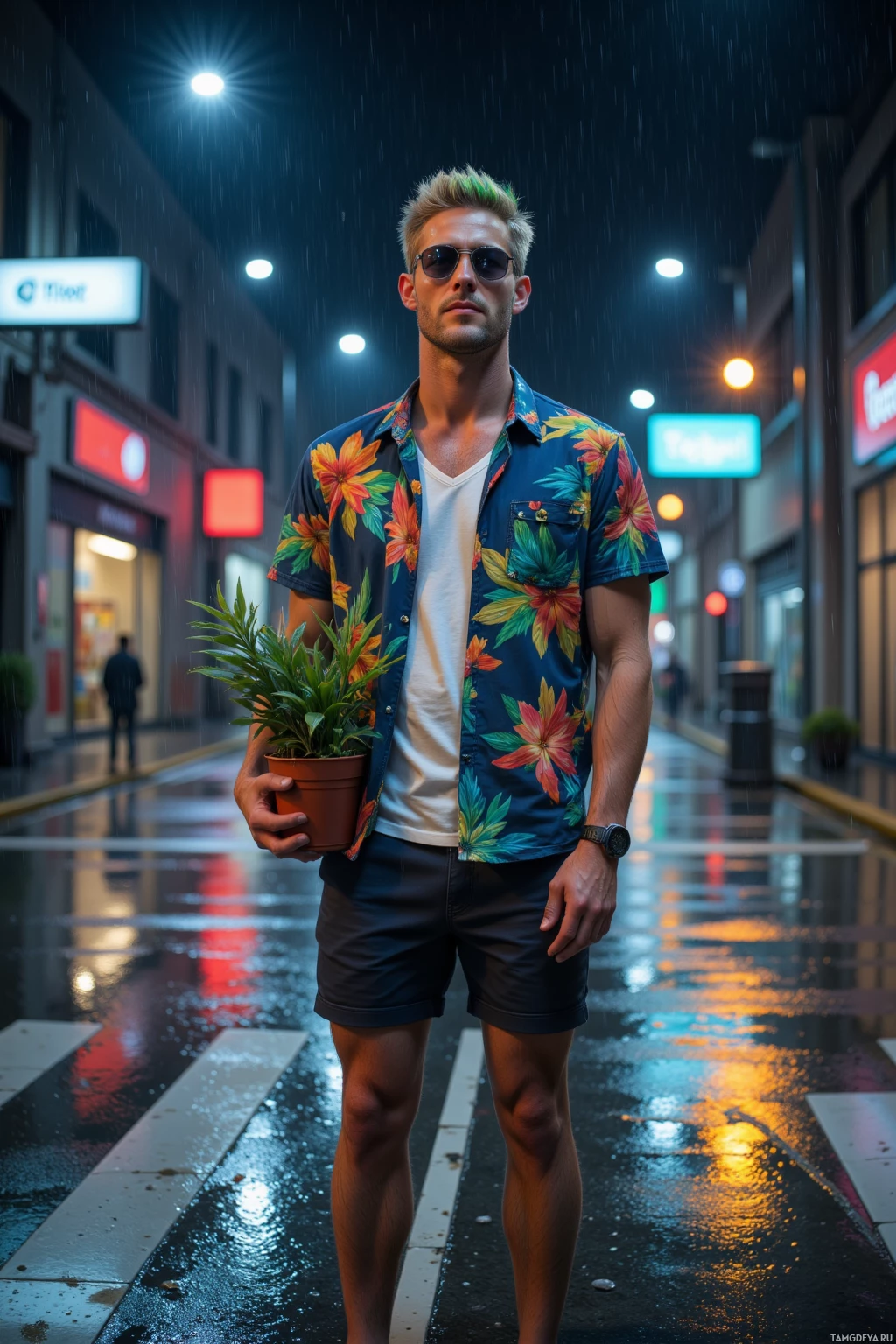 A person stands on a wet street at night, holding a potted plant, wearing a floral shirt and sunglasses.