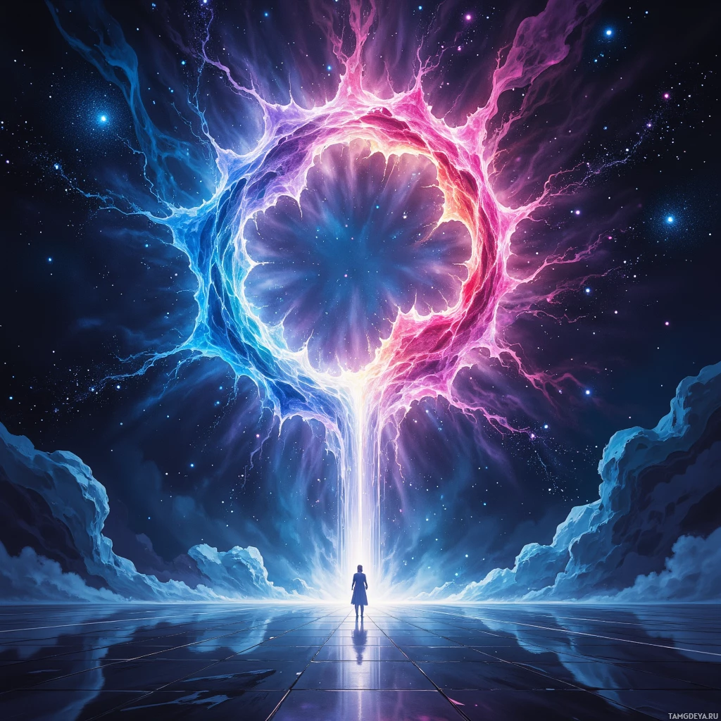 A person stands on a reflective surface beneath a cosmic portal with vibrant, swirling colors.