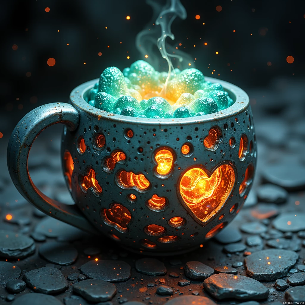 A glowing, intricately designed mug with a heart-shaped cutout and a steaming, glowing interior.
