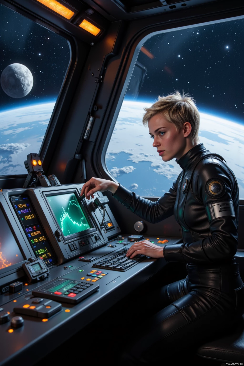 A person in a space suit operates a control panel with a view of Earth and the moon outside the spacecraft.