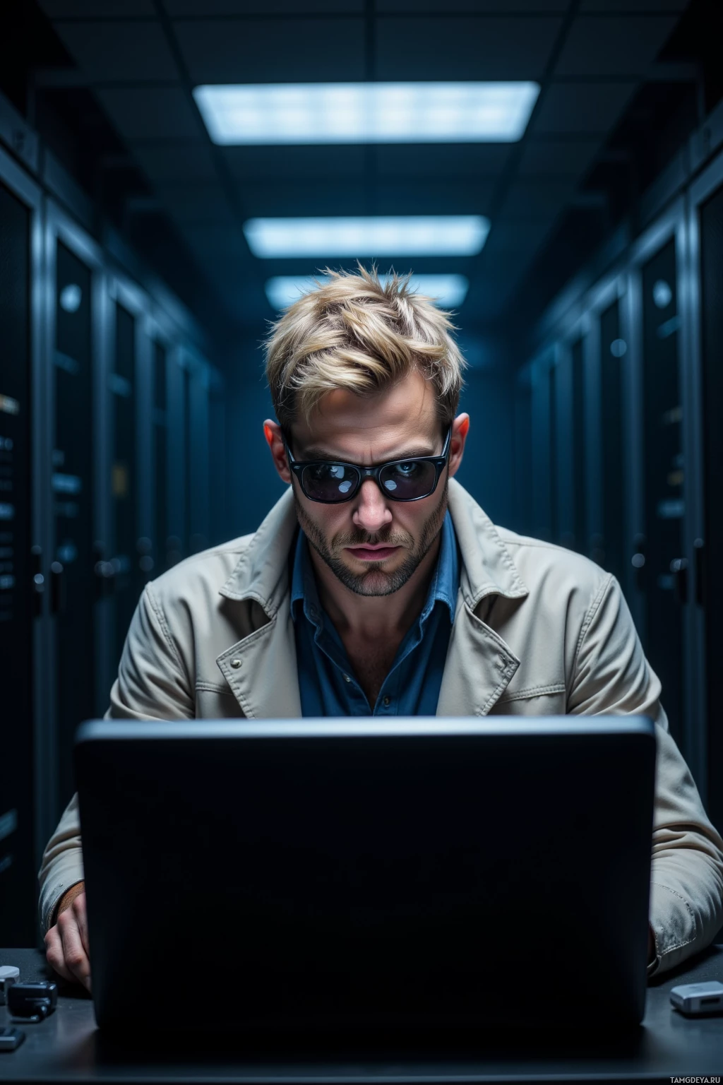 A man in a beige jacket and sunglasses is working on a laptop in a dimly lit server room.