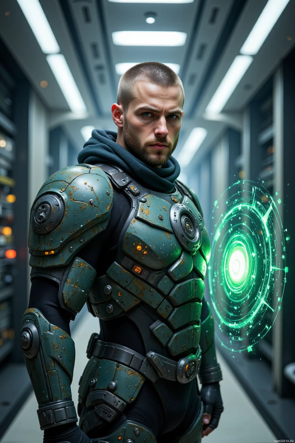 A person in futuristic armor stands in a high-tech corridor with glowing green elements.