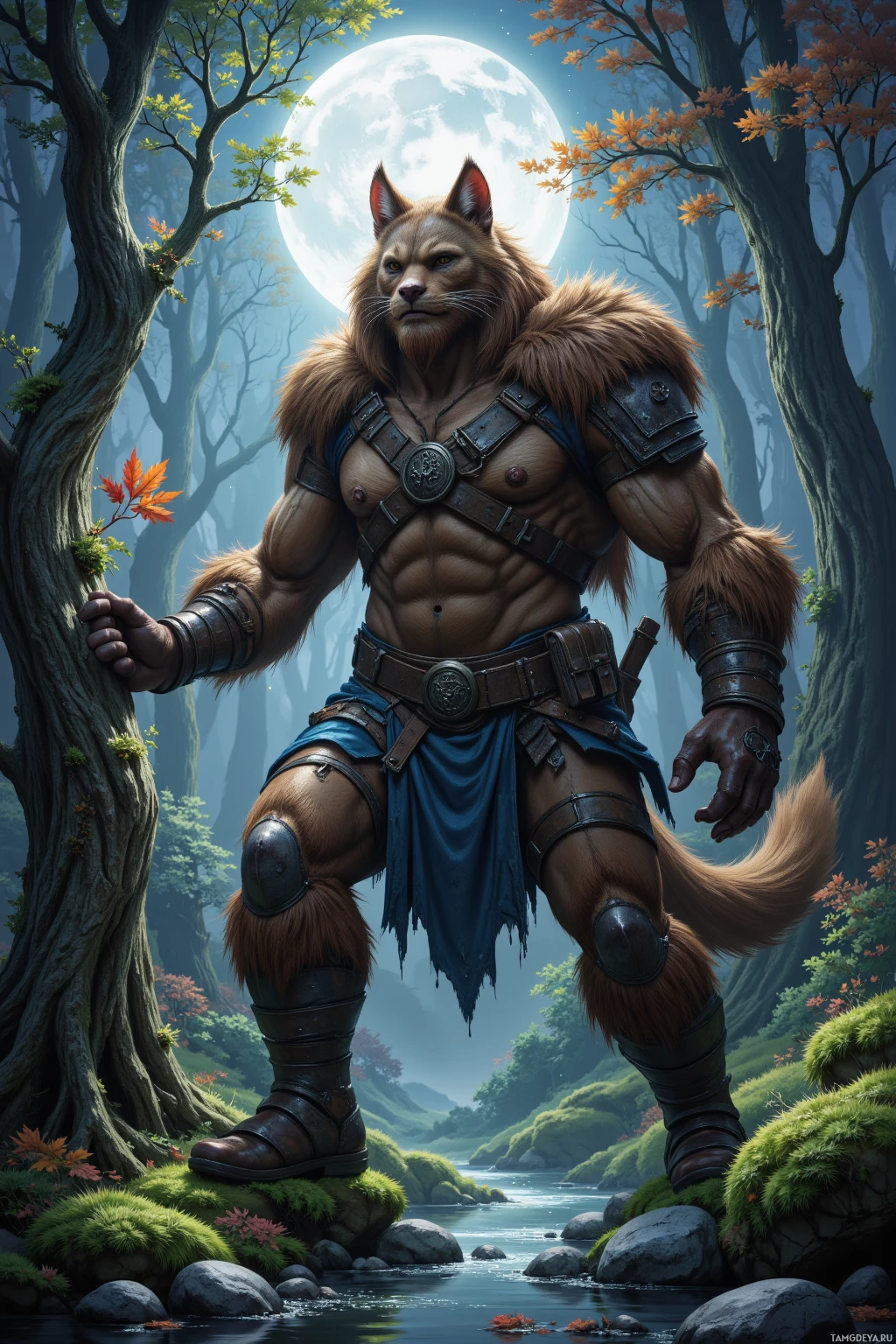 Realistic high quality photo. Moonlit forest glade at night with mossy ground and silver‑blooded sprites darting between roots, towering brown‑furred male guardian in rugged leather armor with bandolier and wooden shield quietly stalking the edge, one paw lifting a bright leaf while his stoic hide cracks into a brief grin as he brushes bark of an ancient stone beside a gently flowing brook.