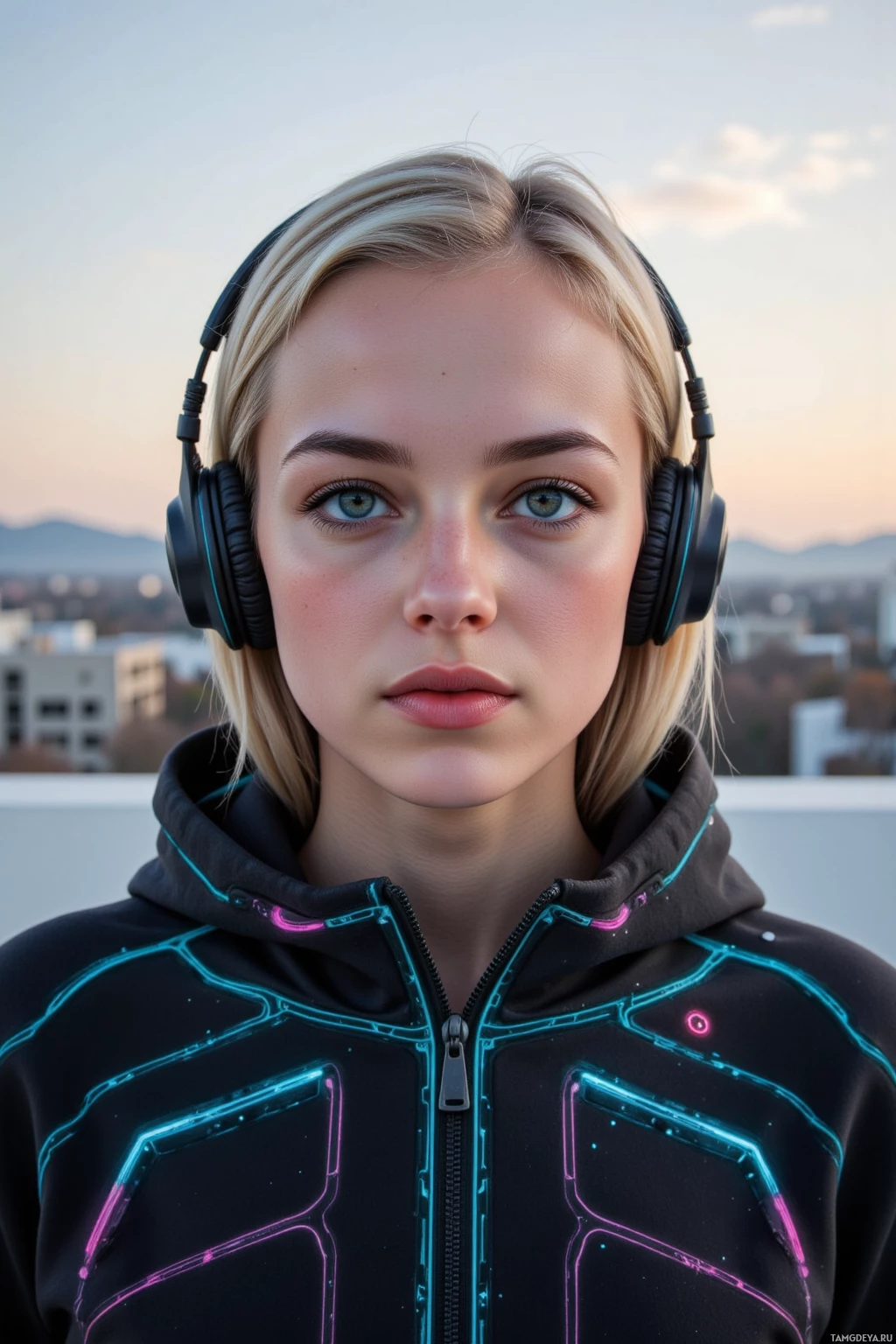 A person wearing headphones and a hoodie with glowing lines stands against a cityscape backdrop.