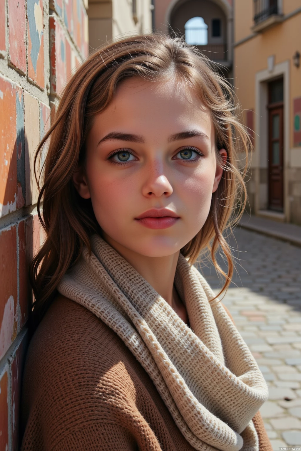 A young woman with long brown hair and green eyes leans against a brick wall in a sunlit alleyway.