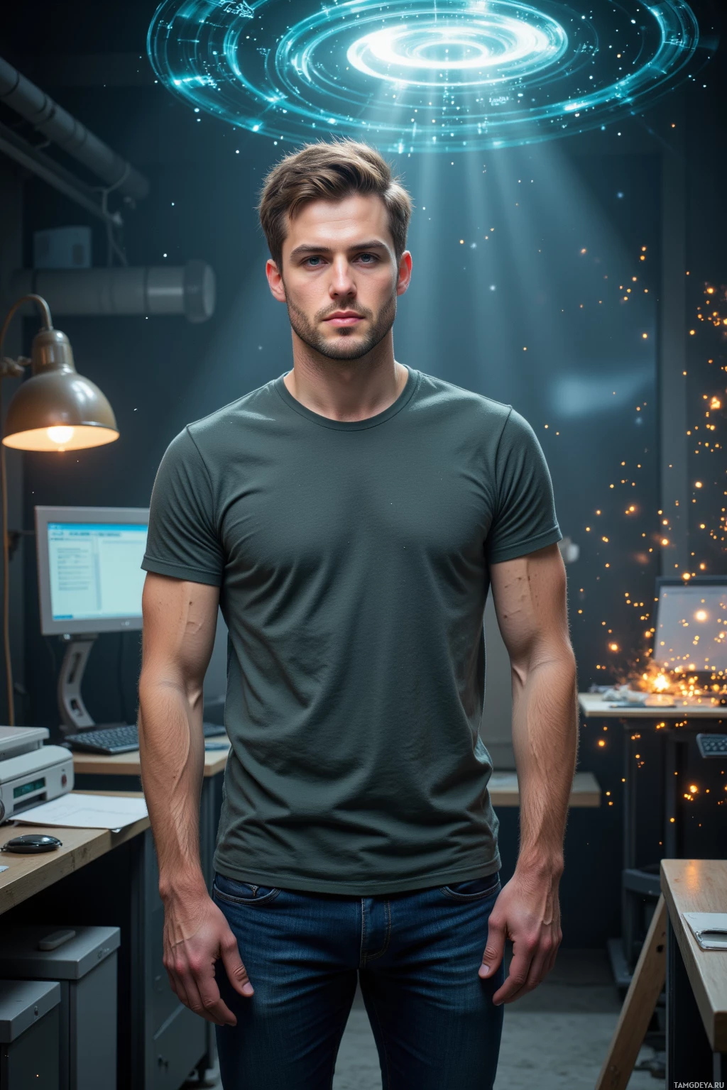 A person stands in a modern office setting with a glowing circular light above.