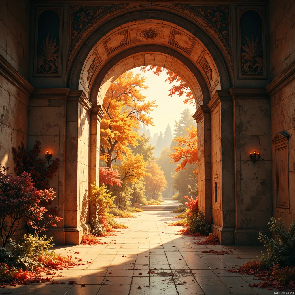 A stone archway frames a path leading through a vibrant autumnal landscape.