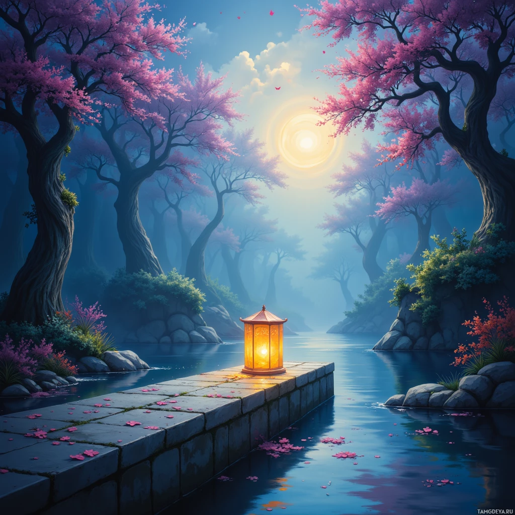 A serene scene featuring a stone path leading to a glowing lantern amidst cherry blossom trees and a tranquil river.