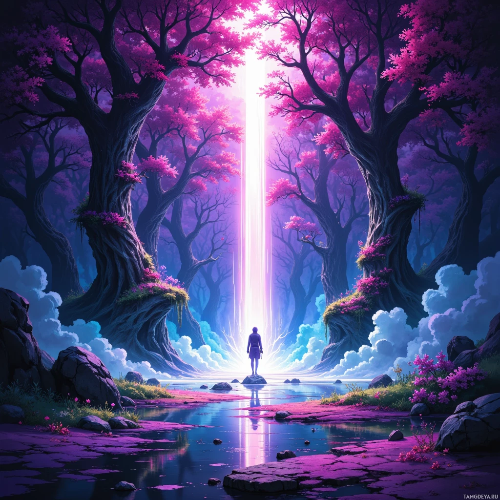 A person stands on a rock in a serene, colorful forest with a bright light beam shining through the trees.