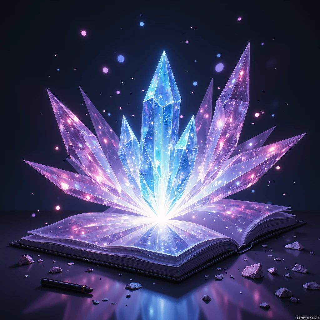 An open book with glowing, crystalline structures emerging from its pages against a starry background.