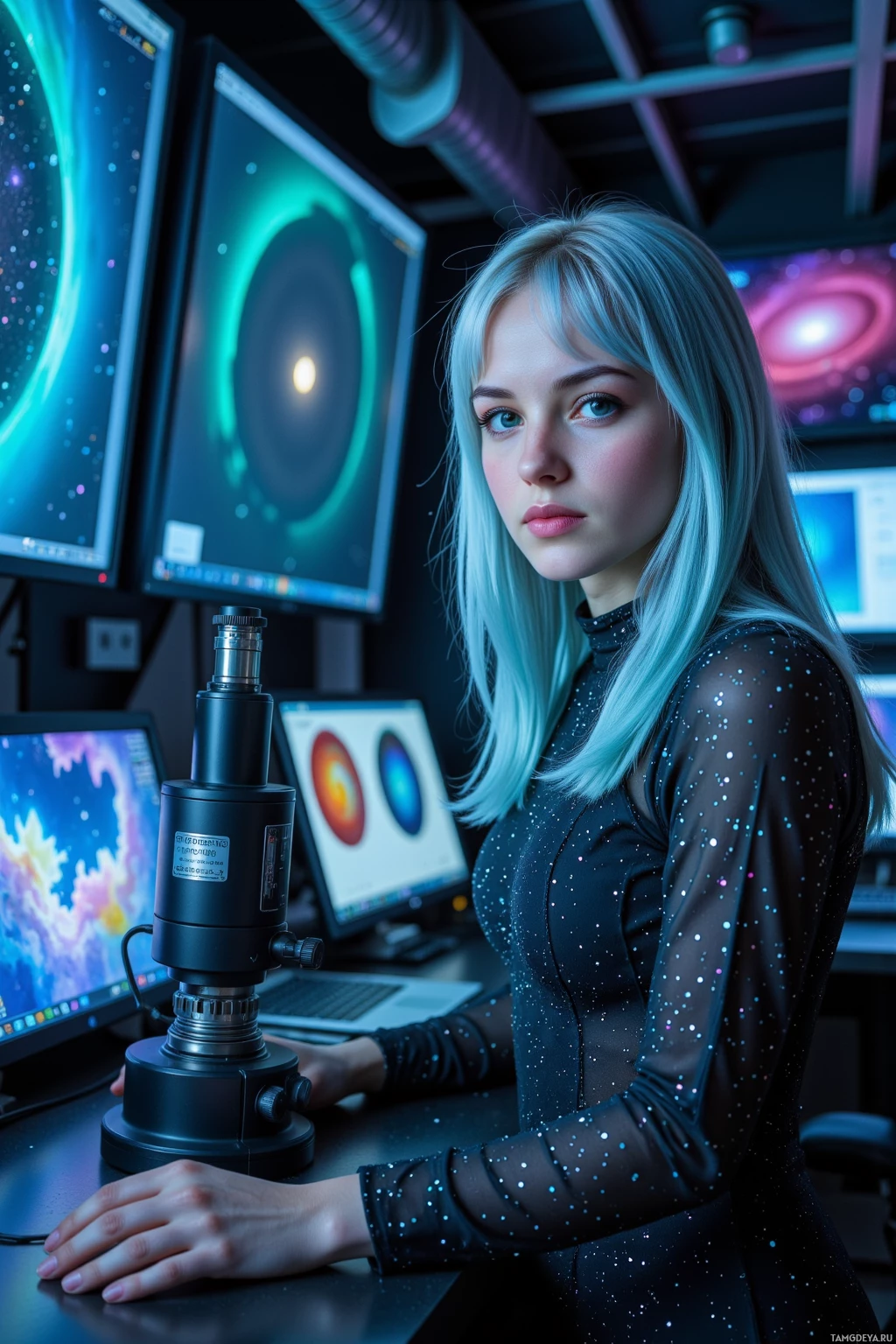 A person in a space-themed outfit is seated at a desk with multiple computer monitors displaying celestial imagery and a microscope nearby.