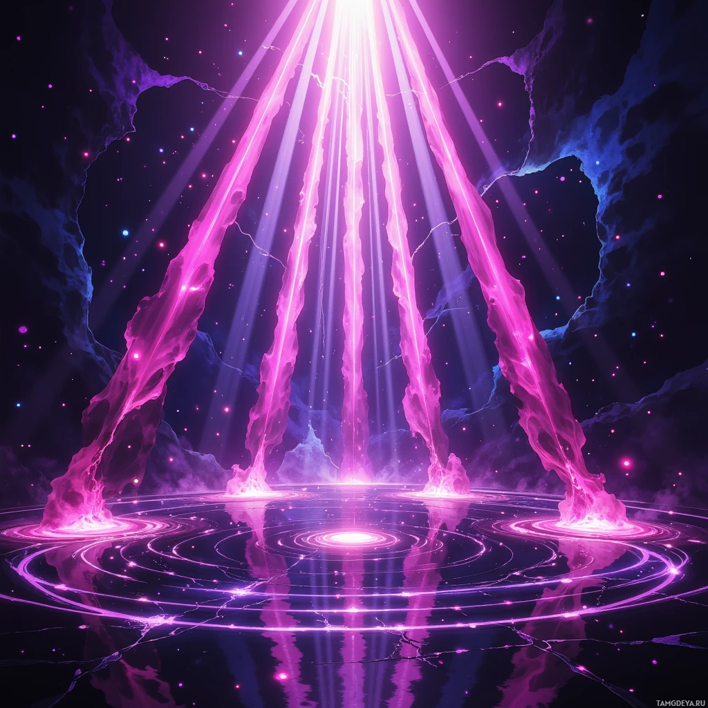 A cosmic scene with glowing pink beams of light and swirling patterns on a reflective surface.