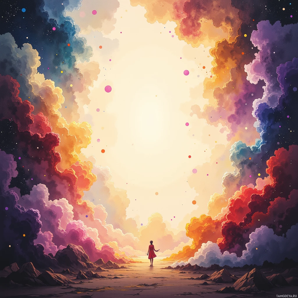A person in a red dress stands on a rocky shore, gazing at a vibrant, colorful sky filled with swirling clouds and glowing orbs.