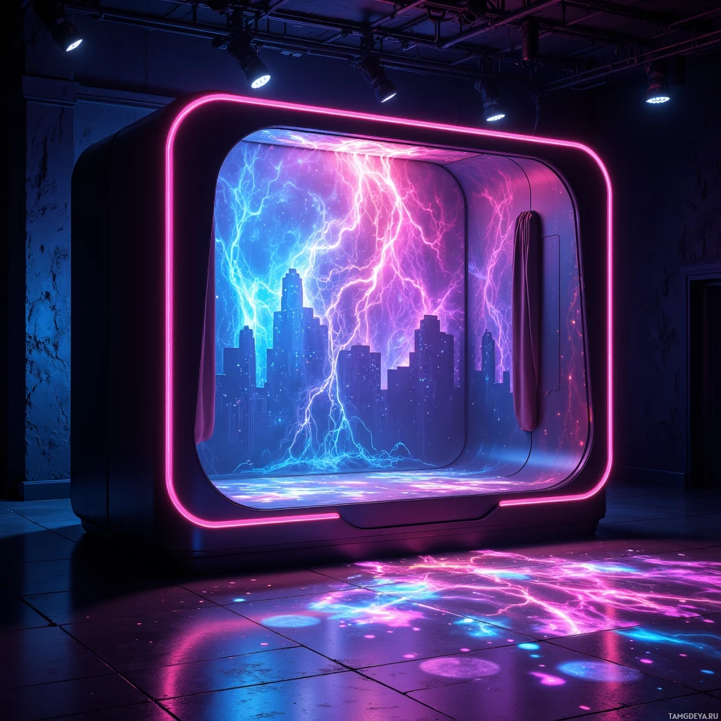 A futuristic room with a glowing pink and blue lightning bolt design projected onto the floor and a window showing a cityscape with lightning.