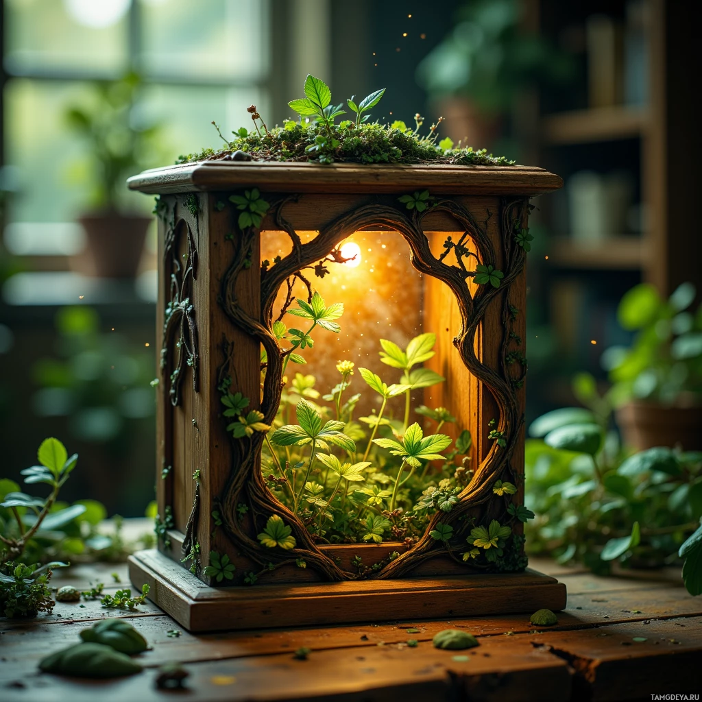 A wooden lantern with a glowing interior and greenery growing on top sits on a wooden surface.