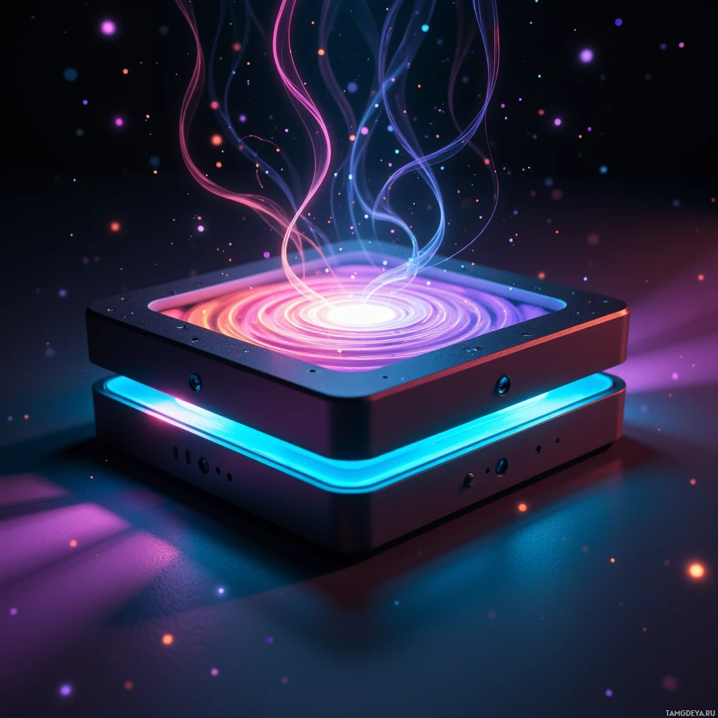 A futuristic device with glowing lights and swirling energy effects.